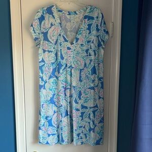 Lilly Pulitzer Blue & White Floral V-Neck Mini Dress with Pink Accents